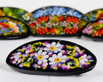 Ukrainian Hand Painted Hair Barrette For Woman, Handmade Accessories, Wooden Hair Clip, French Barrette, Petrykivka Gift Ukraine Shop, S072