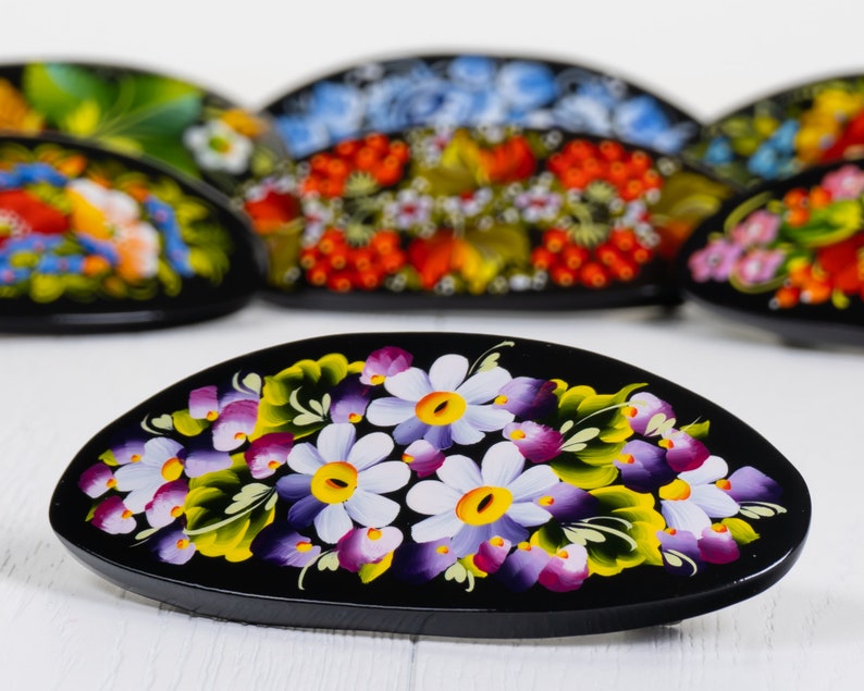 Ukrainian Hand Painted Hair Barrette For Woman, Handmade Accessories, Wooden Hair Clip, French Barrette, Petrykivka Gift Ukraine Shop, S072 