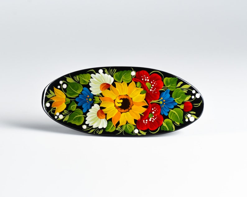 Ukrainian Hand Painted Hair Barrette For Woman, Handmade Accessories, Wooden Hair Clip, French Barrette, Petrykivka Gift Ukraine Shop, S221 image 5