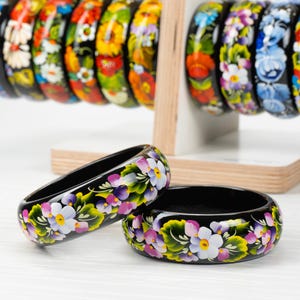 Ukrainian Hand Painted Wooden Bangle, Floral Bangle Bracelet For Women, Flower Jewelry Handmade Bracelet, Petrykivka Gift Ukraine Shop, S072