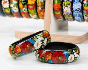 Ukrainian Hand Painted Wooden Bracelet, Flower Jewelry Bangle, Handmade Floral Bangle Bracelet For Women, Petrykivka Gift Ukraine Shop, S121