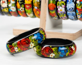 Ukrainian Hand Painted Wooden Bracelet, Handmade Flower Jewelry Bangle, Floral Bangle Bracelet For Women, Petrykivka Gift Ukraine Shop, S012