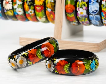 Ukrainian Hand Painted Wooden Bracelet, Handmade Flower Jewelry Bangle, Floral Bangle Bracelet For Women, Petrykivka Gift Ukraine Shop, S181