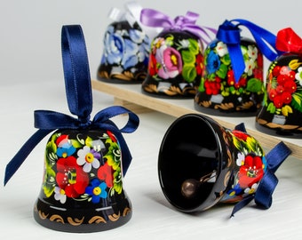Ukrainian Christmas Decorative Ornament Bell, Hand Painted Tree Decor, Wooden Jingle Bell, Petrykivka Handmade Gift, Ukraine Seller, S071