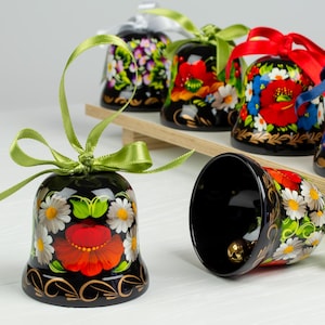 Ukrainian Christmas Jingle Bell, Decorative Ornament, Hand Painted Wooden Tree Decor Bell, Petrykivka Handmade Gift, Ukraine Seller, S181