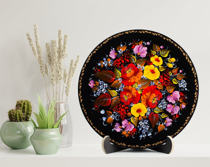 Ukrainian Hand Painted Decorative Petrykivka Plate, Floral Handmade Hanging Plate, Wooden Wall Decor Plate, Gift Ukraine Shop, S101 