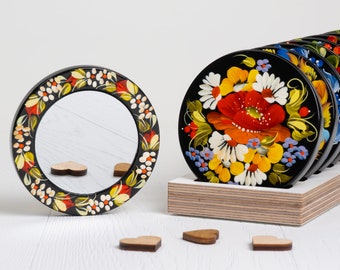 Ukrainian Makeup Mirror, Compact Unique Handmade Flower Jewelry Pocket Mirror, Small Purse Cosmetic Mirror, Petrykivka Gift Shop, S131