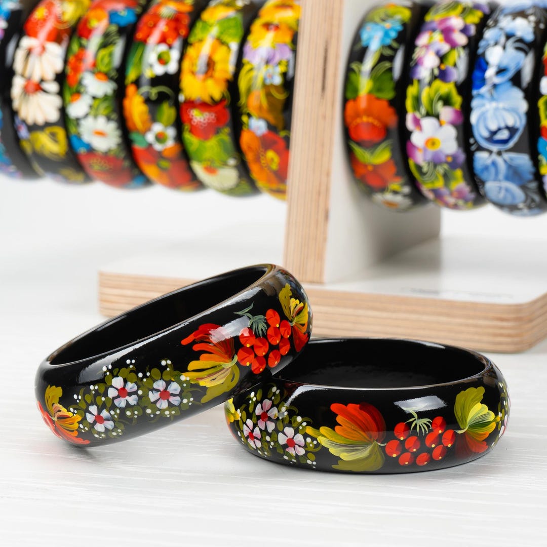 Ukrainian Hand Painted Wooden Bangle, Floral Bangle Bracelet for