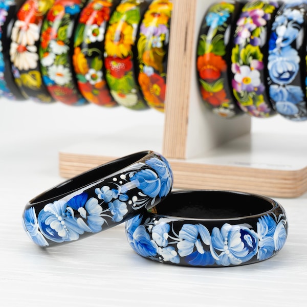 Hand Painted Wooden Bangle • Ukrainian Petrykivka Floral Jewelry • S022