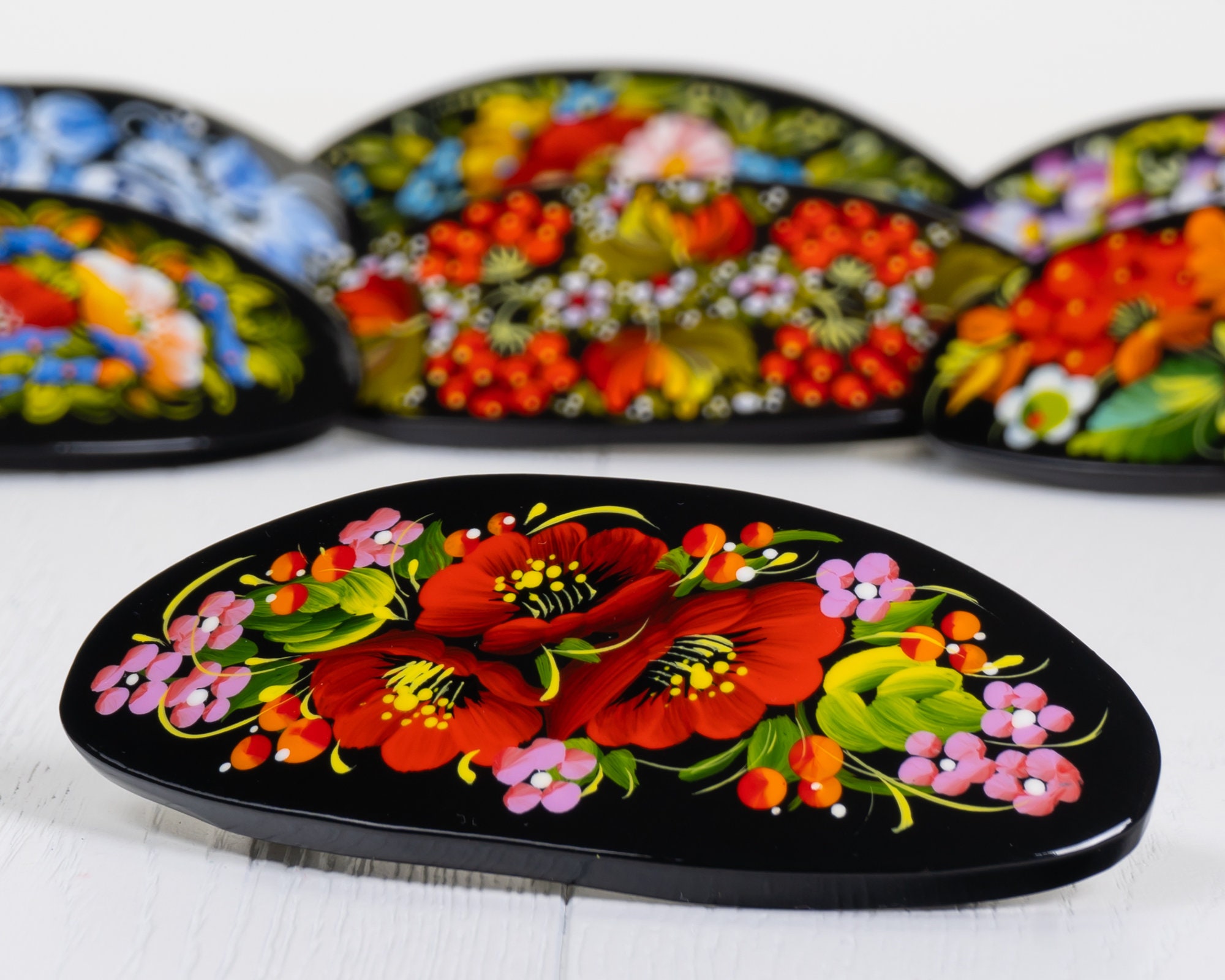 Ukrainian Hand Painted Hair Barrette for Woman Wooden 