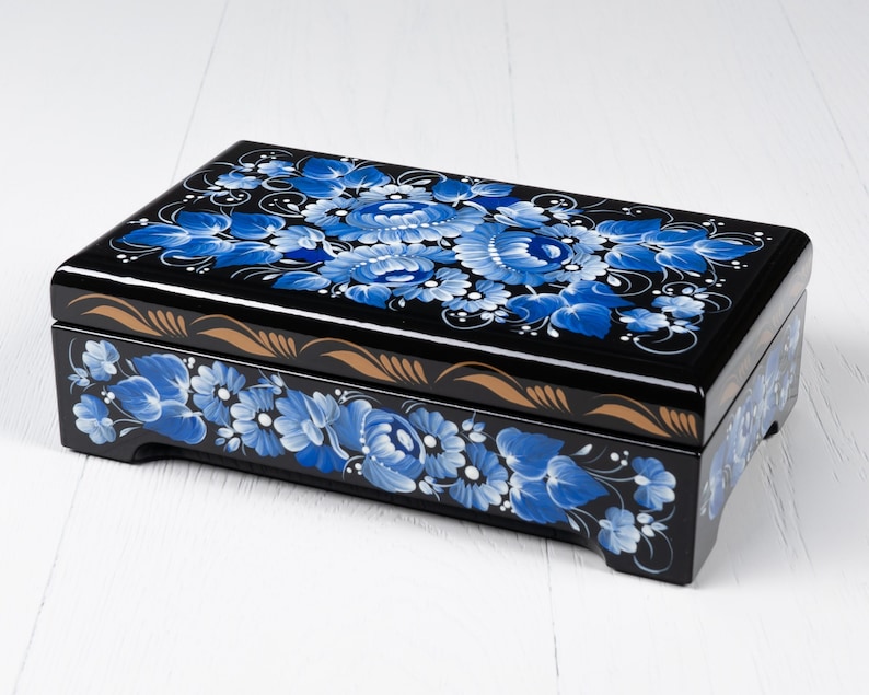 Ukrainian Large Jewelry Box, Hand Painted Lacquer Box, Handmade Unique Trinket Decorative Box Casket, Petrykivka Gift Ukraine Shop, S022 image 1