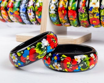 Ukrainian Hand Painted Wooden Bracelet, Handmade Flower Jewelry Bangle, Floral Bangle Bracelet For Women, Petrykivka Gift Ukraine Shop, S071