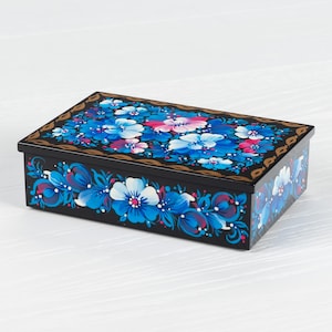 Boîte à bijoux rectangulaire ukrainienne, Boîte en laque peinte à la main, Coffret à bibelots décoratif unique fait main, Boutique de cadeaux Petrykivka Ukraine, S211