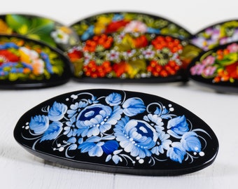 Ukrainian Hand Painted Hair Barrette For Woman, Wooden Hair Clip, French Barrette, Handmade Accessories, Petrykivka Gift Ukraine Shop, S022