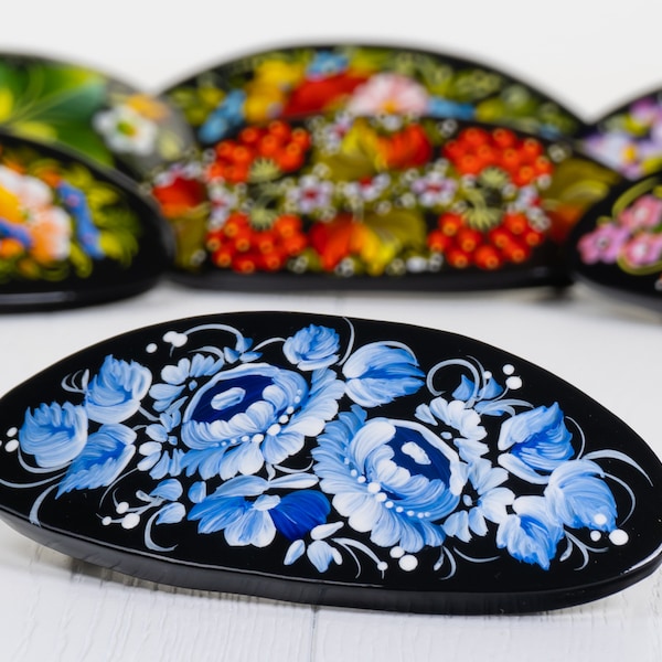 Ukrainian Hand Painted Hair Barrette For Woman, Wooden Hair Clip, French Barrette, Handmade Accessories, Petrykivka Gift Ukraine Shop, S022