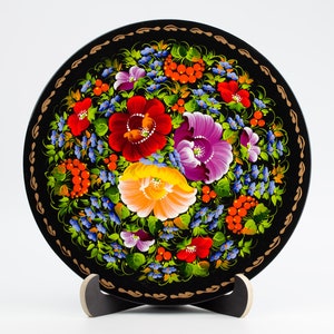 Ukrainian Handmade Floral Hanging Plate, Wooden Wall Decor Plate, Decorative Hand Painted Petrykivka Plate, Gift Ukraine Shop, S041