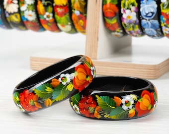 Ukrainian Hand Painted Wooden Bangle, Handmade Flower Jewelry Bracelet, Floral Bangle Bracelet For Women, Petrykivka Gift Ukraine Shop, S032