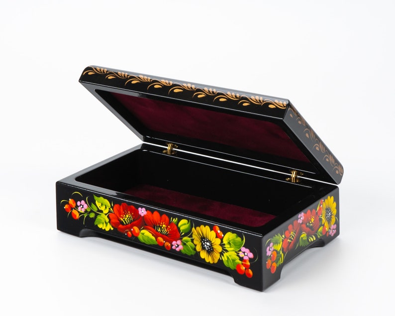 Ukrainian Large Jewelry Box, Hand Painted Lacquer Box, Handmade Decorative Casket, Unique Trinket Box, Petrykivka Gift Ukraine Shop, S162 image 3