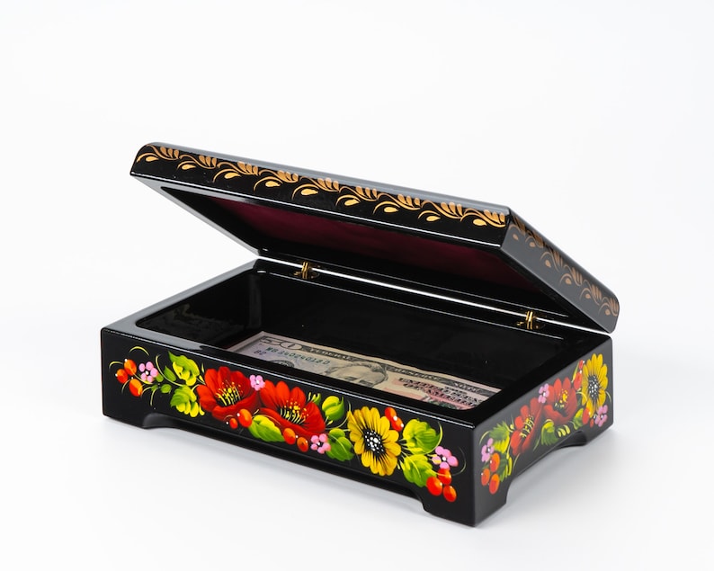 Ukrainian Large Jewelry Box, Hand Painted Lacquer Box, Handmade Decorative Casket, Unique Trinket Box, Petrykivka Gift Ukraine Shop, S162 image 5