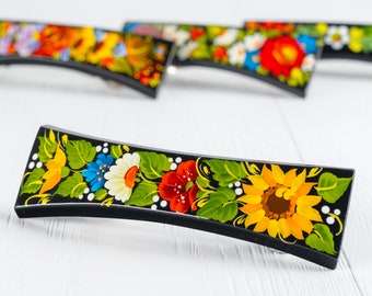 Ukrainian Hand Painted Hair Barrette For Woman, Wooden Accessories, Handmade Hair Clip, French Barrette, Petrykivka Gift Ukraine Shop, S221