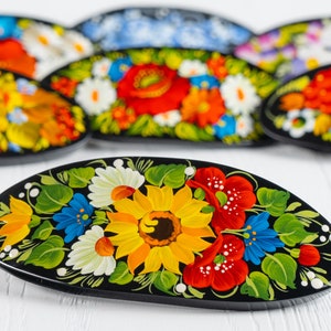 Ukrainian Hand Painted Hair Barrette For Woman, Handmade Accessories, Wooden Hair Clip, French Barrette, Petrykivka Gift Ukraine Shop, S221 image 1