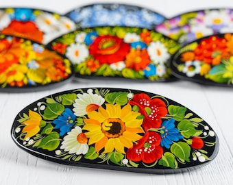 Ukrainian Hand Painted Hair Barrette For Woman, Handmade Accessories, Wooden Hair Clip, French Barrette, Petrykivka Gift Ukraine Shop, S221