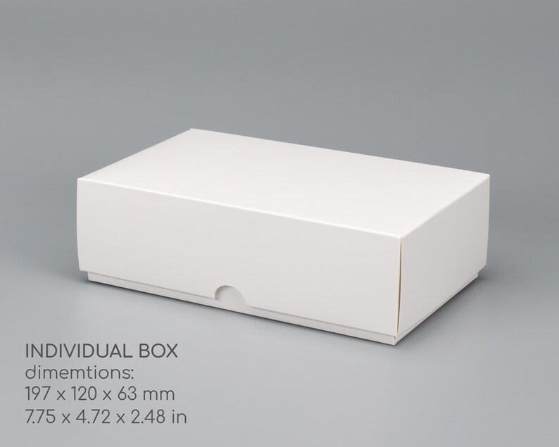 May include: A white cardboard box with a lid. The box measures 7.75 inches by 4.72 inches by 2.48 inches.