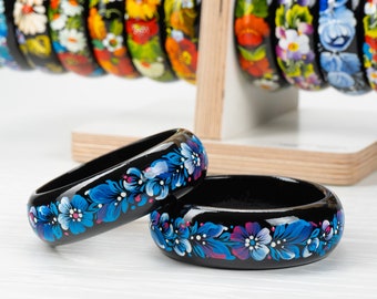 Ukrainian Hand Painted Wooden Bracelet, Flower Jewelry Bangle, Handmade Floral Bangle Bracelet For Women, Petrykivka Gift Ukraine Shop, S211