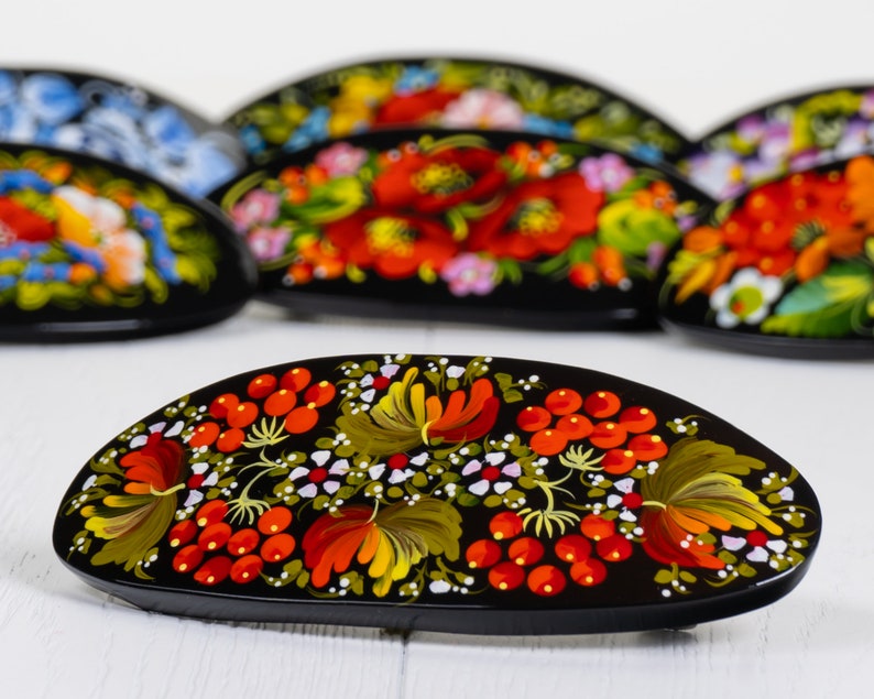 Ukrainian Hand Painted Hair Barrette For Woman, French Barrette, Wooden Accessories, Handmade Hair Clip, Petrykivka Gift Ukraine Shop, S171 