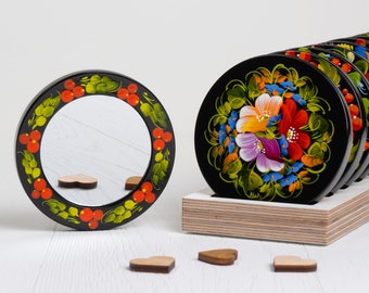 Ukrainian Makeup Mirror, Compact Unique Handmade Flower Jewelry Pocket Mirror, Small Purse Cosmetic Mirror, Petrykivka Gift Shop, S041