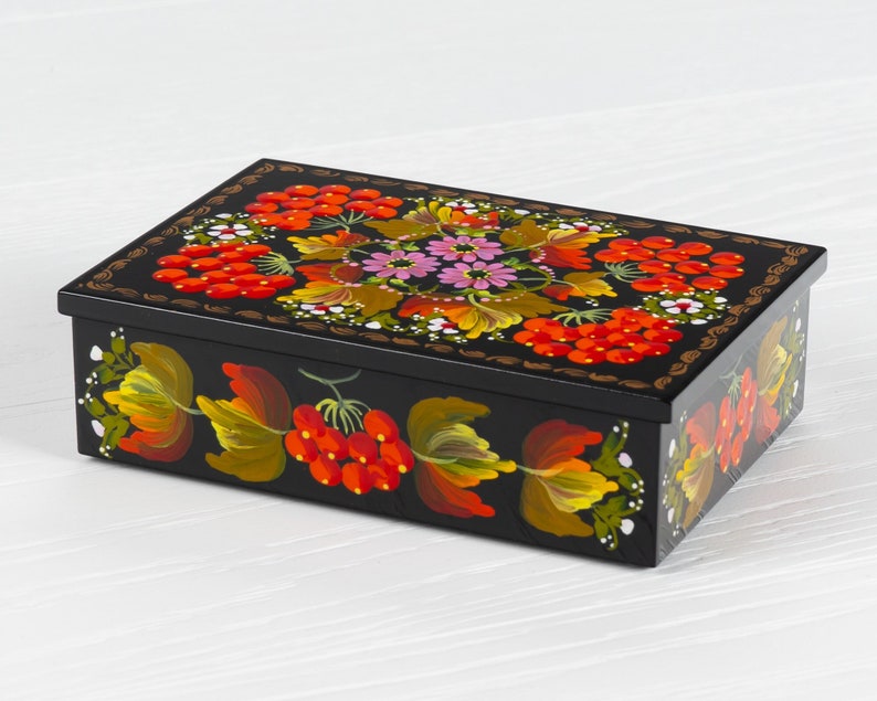 Ukrainian Hand Painted Decorative Box, Unique Lacquer Box, Handmade Rectangular Trinket Jewelry Casket, Petrykivka Gift Ukraine Shop, S171 image 1