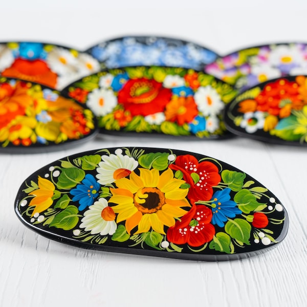Sunflower Hair Clip • Petrykivka Ukrainian Folk Art • Handmade Wooden Jewelry • S221