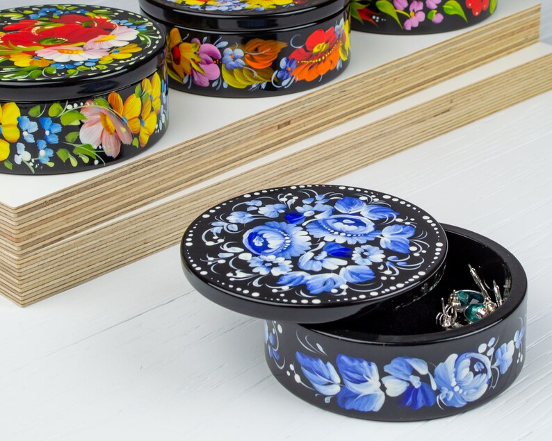 Ukrainian Small Decorative Box, Hand Painted Jewelry Box, Trinket Ring Box, Unique Handmade Lacquer Box Petrykivka Gift Ukraine Shop, S022 image 2