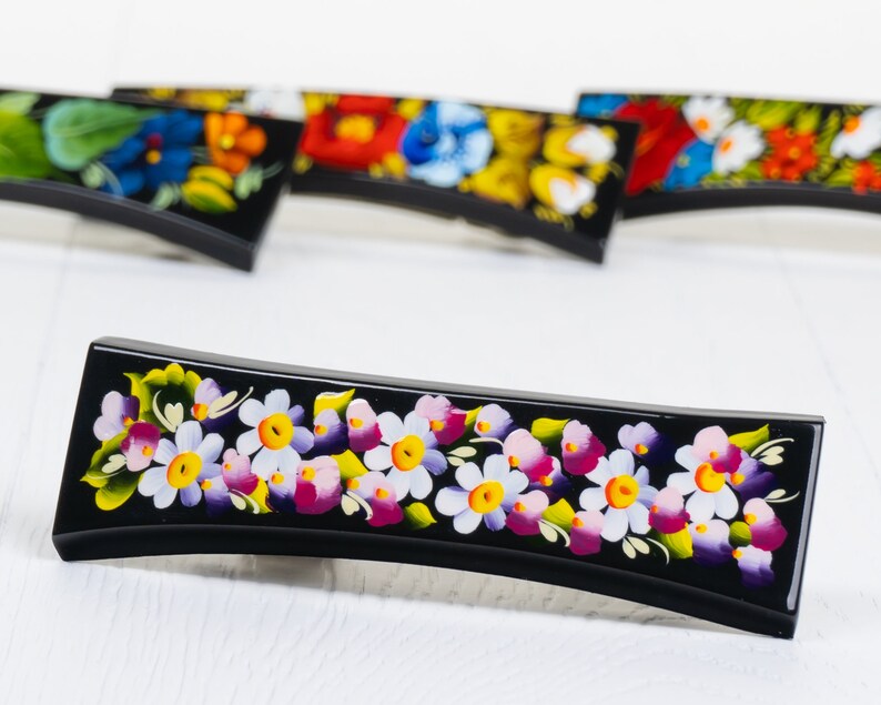 Ukrainian Hand Painted Hair Barrette For Woman, Handmade Accessories, Wooden Hair Clip, French Barrette, Petrykivka Gift Ukraine Shop, S072 