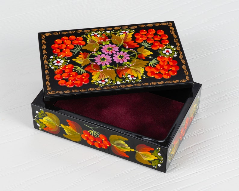 Ukrainian Hand Painted Decorative Box, Unique Lacquer Box, Handmade Rectangular Trinket Jewelry Casket, Petrykivka Gift Ukraine Shop, S171 image 5