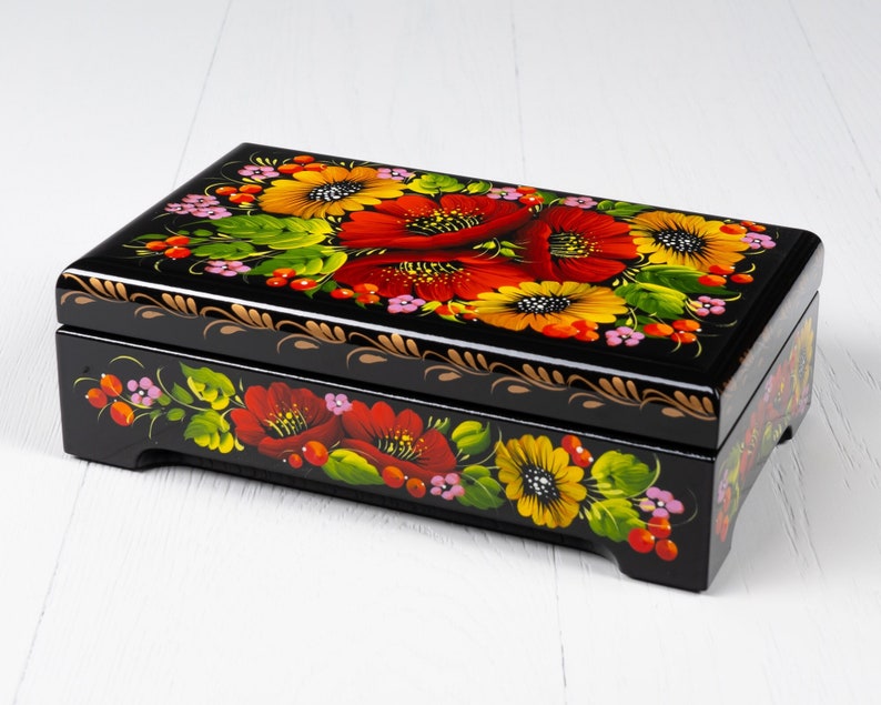 Ukrainian Large Jewelry Box, Hand Painted Lacquer Box, Handmade Decorative Casket, Unique Trinket Box, Petrykivka Gift Ukraine Shop, S162 image 1