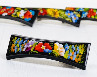 Ukrainian Hand Painted Hair Clip For Woman, French Barrette, Wooden Hair Accessories, Handmade Barrette, Petrykivka Gift Ukraine Shop, S041