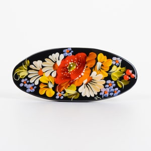 Ukrainian Hand Painted Hair Barrette For Woman, French Barrette, Wooden Accessories, Handmade Hair Clip, Petrykivka Gift Ukraine Shop, S131 image 5