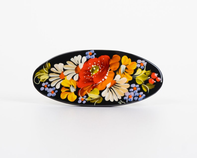 Ukrainian Hand Painted Hair Barrette For Woman, French Barrette, Wooden Accessories, Handmade Hair Clip, Petrykivka Gift Ukraine Shop, S131 image 5