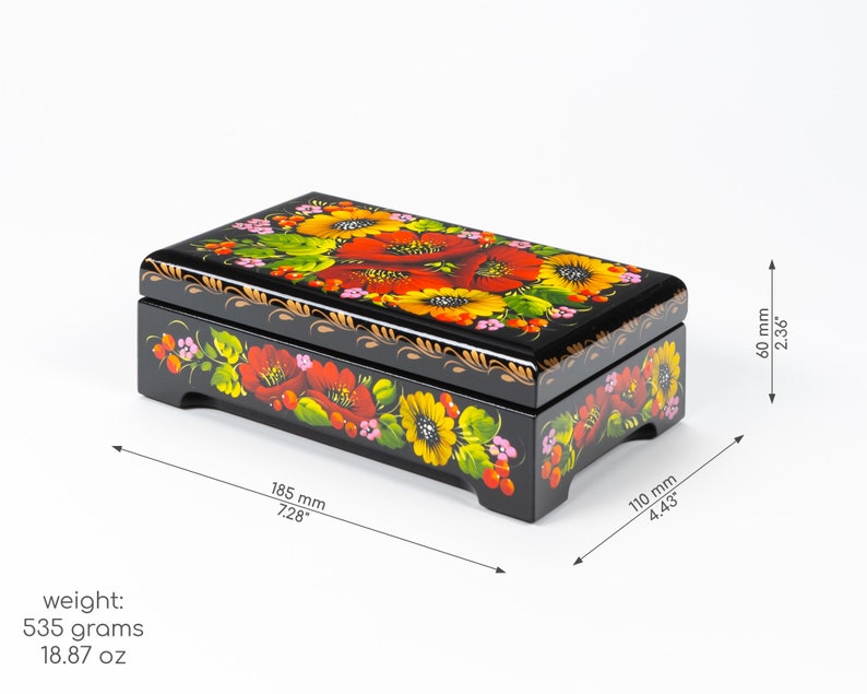 Ukrainian Large Jewelry Box, Hand Painted Lacquer Box, Handmade Decorative Casket, Unique Trinket Box, Petrykivka Gift Ukraine Shop, S162 image 9