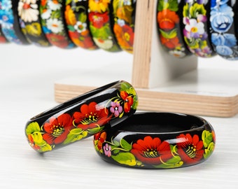 Ukrainian Hand Painted Wooden Bangle, Flower Jewelry Handmade Bracelet, Floral Bangle Bracelet For Women, Petrykivka Gift Ukraine Shop, S162