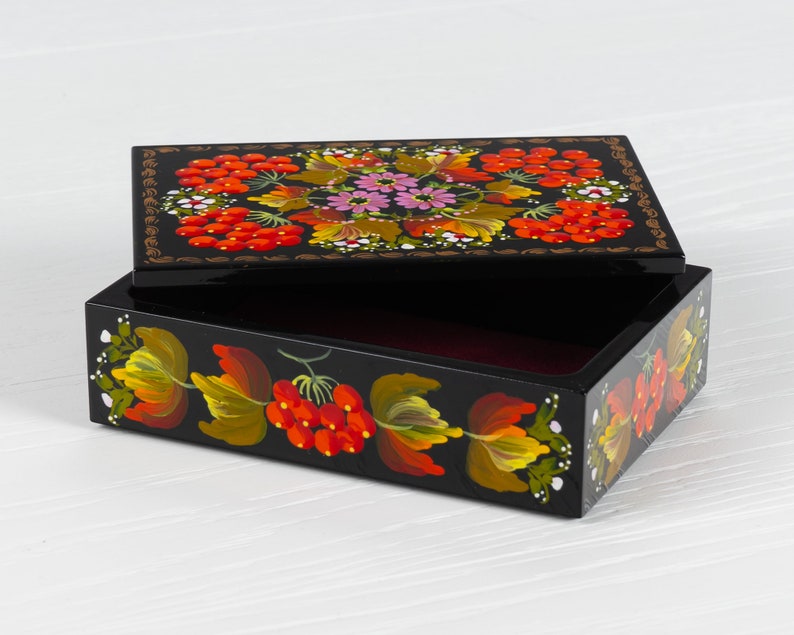 Ukrainian Hand Painted Decorative Box, Unique Lacquer Box, Handmade Rectangular Trinket Jewelry Casket, Petrykivka Gift Ukraine Shop, S171 image 2
