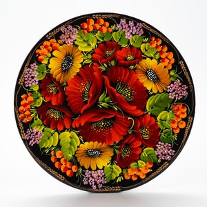 Ukrainian Hand Painted Decorative Petrykivka Plate, Handmade Floral Hanging Plate, Wooden Wall Decor Plate, Gift Ukraine Shop, S162 image 4