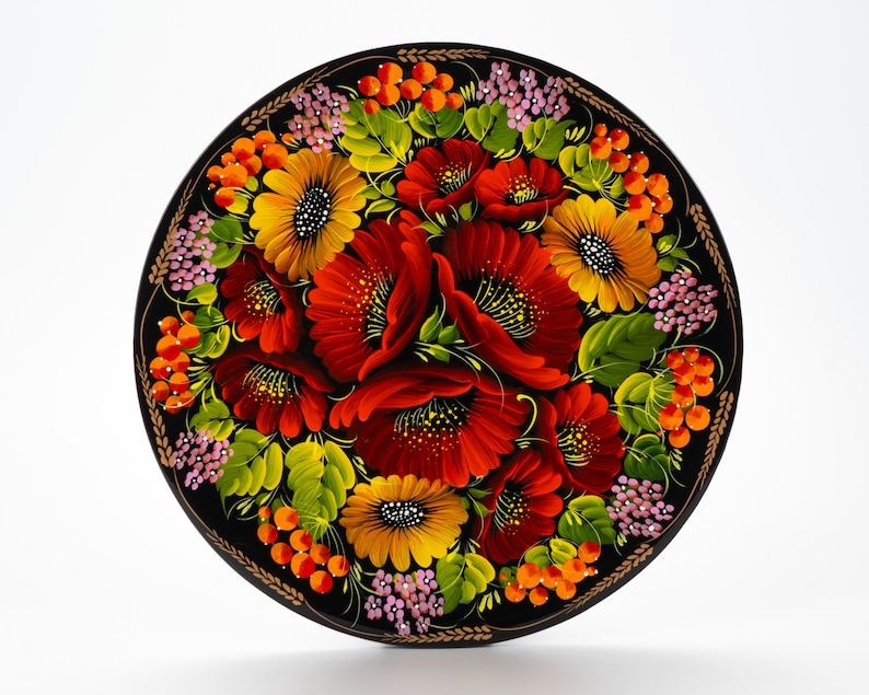 Ukrainian Hand Painted Decorative Petrykivka Plate, Handmade Floral Hanging Plate, Wooden Wall Decor Plate, Gift Ukraine Shop, S162 image 4