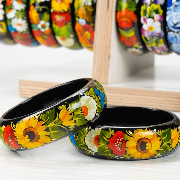 Ukrainischer handbemalter Holzarmreif, handgefertigtes Blumenschmuckarmband, floraler Armreif für Frauen, Petrykivka-Geschenk Ukraine Shop, S221