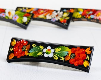 Ukrainian Hand Painted Hair Barrette For Woman, French Barrette, Handmade Accessories, Wooden Hair Clip, Petrykivka Gift Ukraine Shop, S032