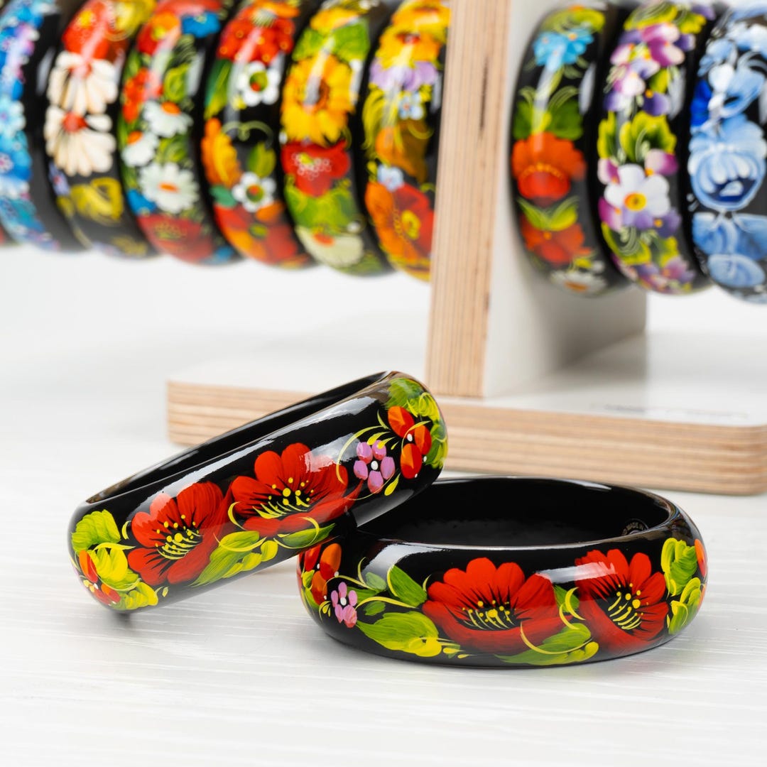 Ukrainian Hand Painted Wooden Bangle, Flower Jewelry Handmade