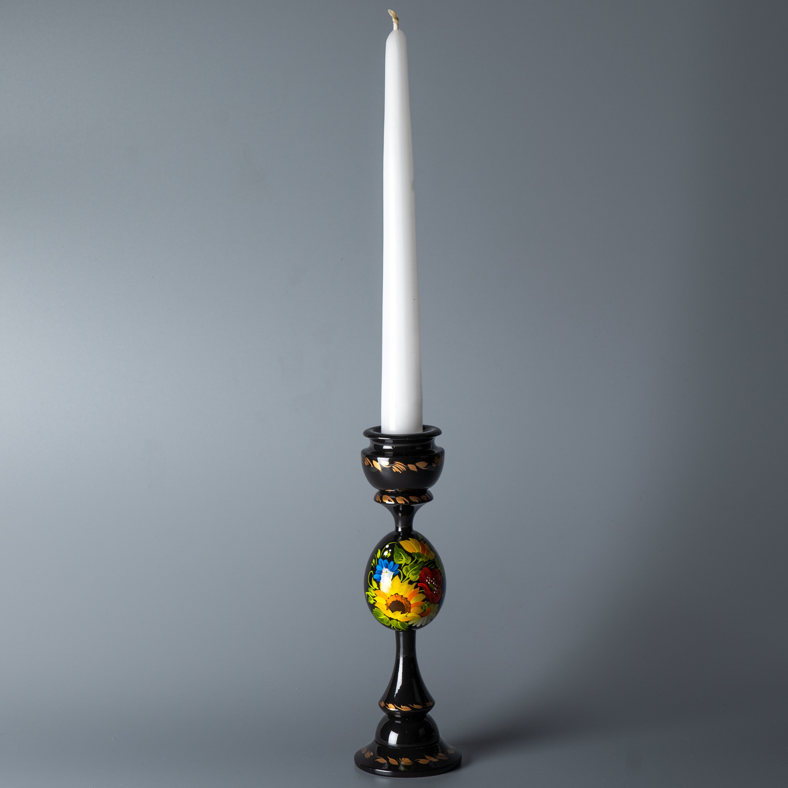 Wooden Candlestick Holder Hand Painted Tall Black Candle Etsy
