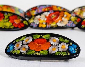 Ukrainian Hand Painted Hair Barrette For Woman, France Hair Barrette, Wooden Clip, Handmade Accessories, Petrykivka Gift Ukraine Shop, S181