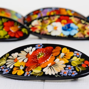 Ukrainian Hand Painted Hair Barrette For Woman, French Barrette, Wooden Accessories, Handmade Hair Clip, Petrykivka Gift Ukraine Shop, S131 image 1